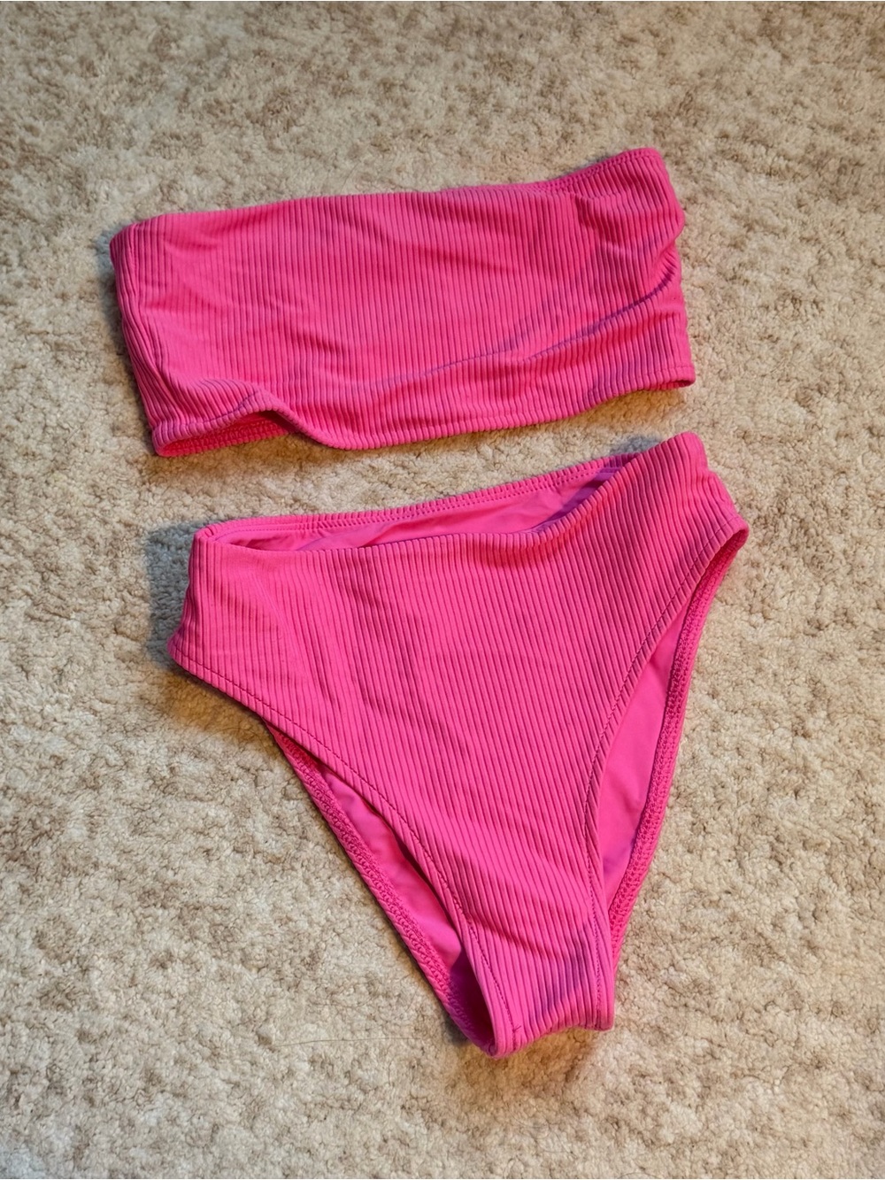 Frankie's Bikini Ribbed Pink Bandeau Bikini Set (XS)